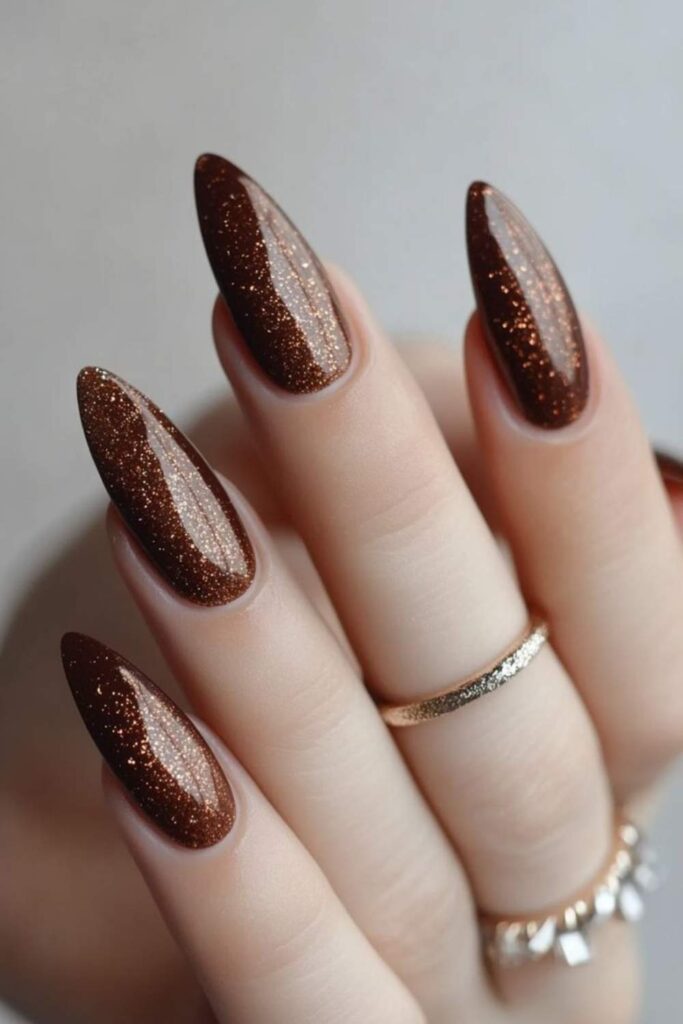 54 Cozy Fall Nails Aesthetic Ideas That Feel Like a Warm Latte in Your Hands 10 Espresso Brown with Matte Top Coat and Gold Foil