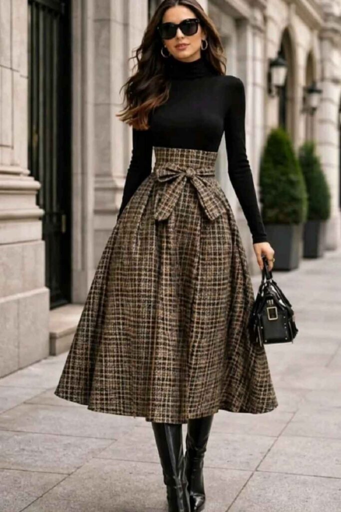 Fitted Black Turtleneck with Camel Midi Skirt Gallery or Museum Visit