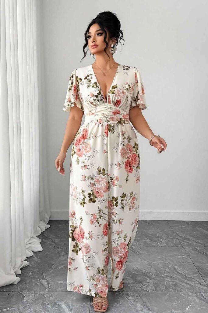 Flowy Palazzo Jumpsuit with Wedge Sandals Summer Event or Garden Party