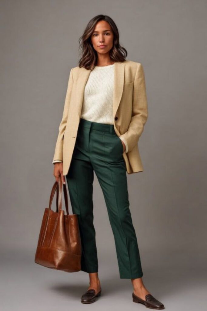 Forest Green Straight-Leg Pants with a Camel Blazer