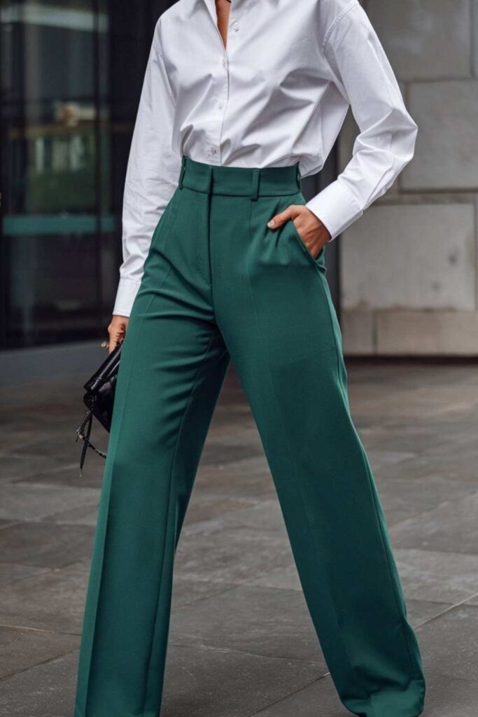 Forest Green Trousers with a White Broderie Anglaise Blouse