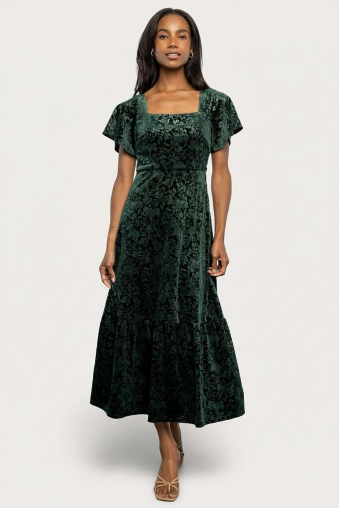 23 Date Night Outfits That Always Look Effortlessly Chic in 2026 6 Forest Green Velvet Midi Dress