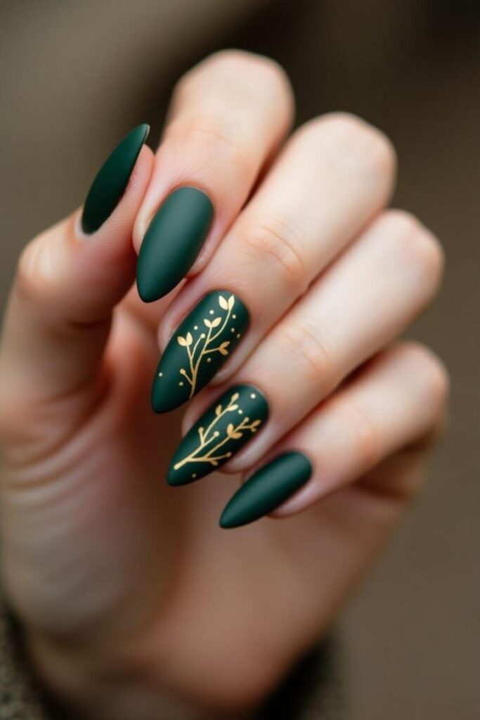 44 Cute Back to School Nails That'll Make You Actually Excited for September 16 Forest Green with Gold Leaf Accents