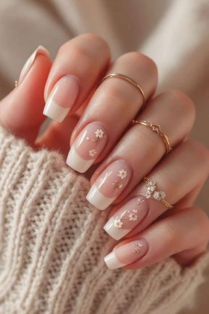 25 Square French Tip Acrylic Nails That Look Expensive Without Trying 10 French Tips with Tiny Floral Micro Art at the Corner