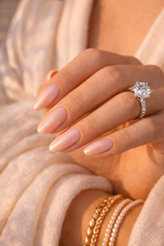 29 Summer Nail Ideas That Look Expensive Without Trying Too Hard 2 Glazed Peach Almond Nails with a Sheer Finish