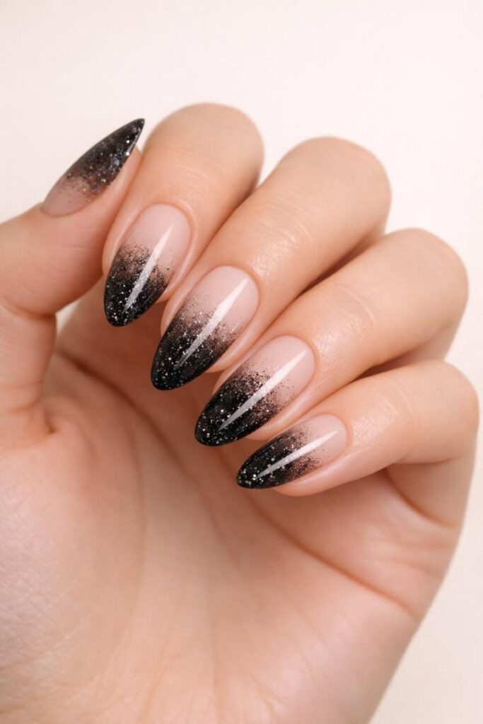 67 Nail Art Tutorial Ideas That Are Actually Worth Saving in 2026 11 Glitter Gradient Fade on a Black Base