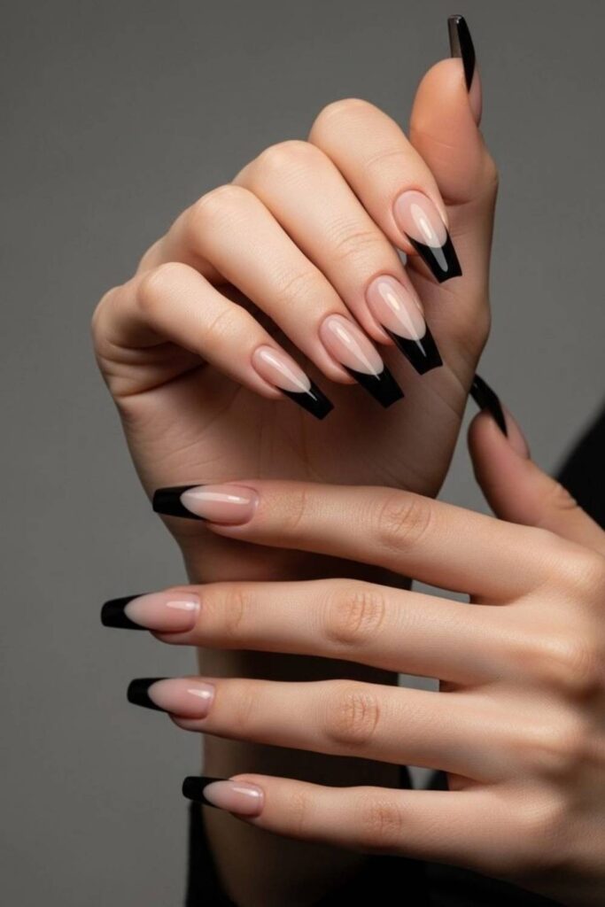 Glossy Black Tips on a Nude Base (Reverse French)
