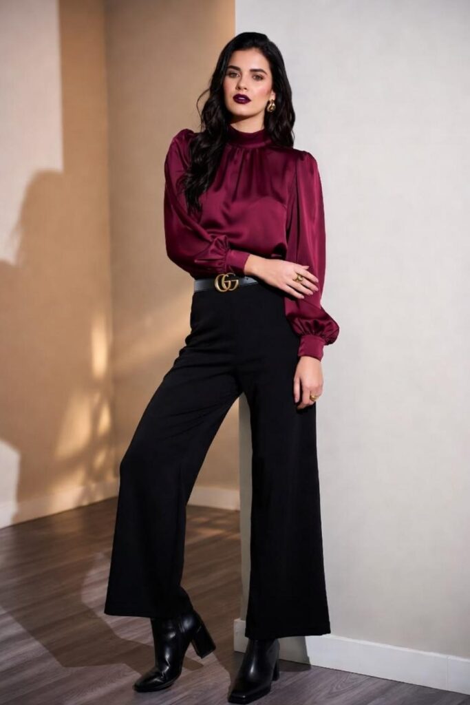 23 Date Night Outfits That Always Look Effortlessly Chic in 2026 11 Glossy Burgundy Mock-Neck Top with Black Wide-Leg Trousers