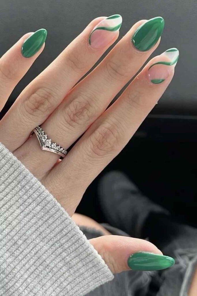 29 Summer Nail Ideas That Look Expensive Without Trying Too Hard 8 Glossy Forest Green with Thin White Swirl Detail