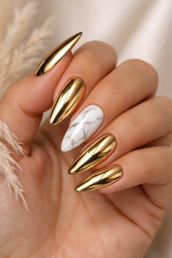 Gold Chrome Nails on an Ivory Base
