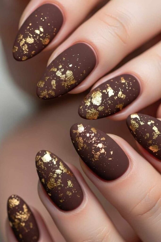 54 Cozy Fall Nails Aesthetic Ideas That Feel Like a Warm Latte in Your Hands 17 Golden Brown with Crinkled Foil Texture