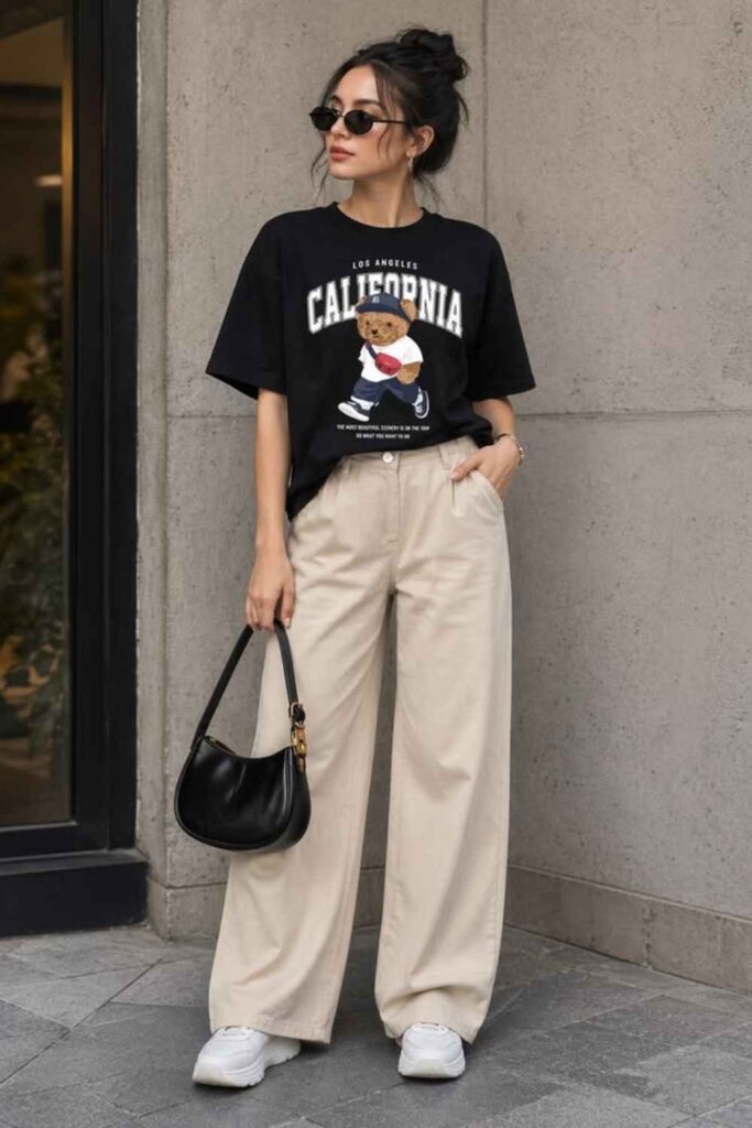 17 Street Style Outfits Casual Enough for Everyday But Cool Enough to Turn Heads 4 Graphic Tee Knotted at the Waist with Pleated Wide-Leg Trousers