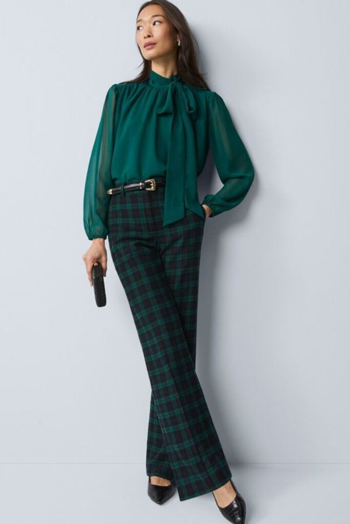 Green Plaid Trousers with a Fitted Mock-Neck Top