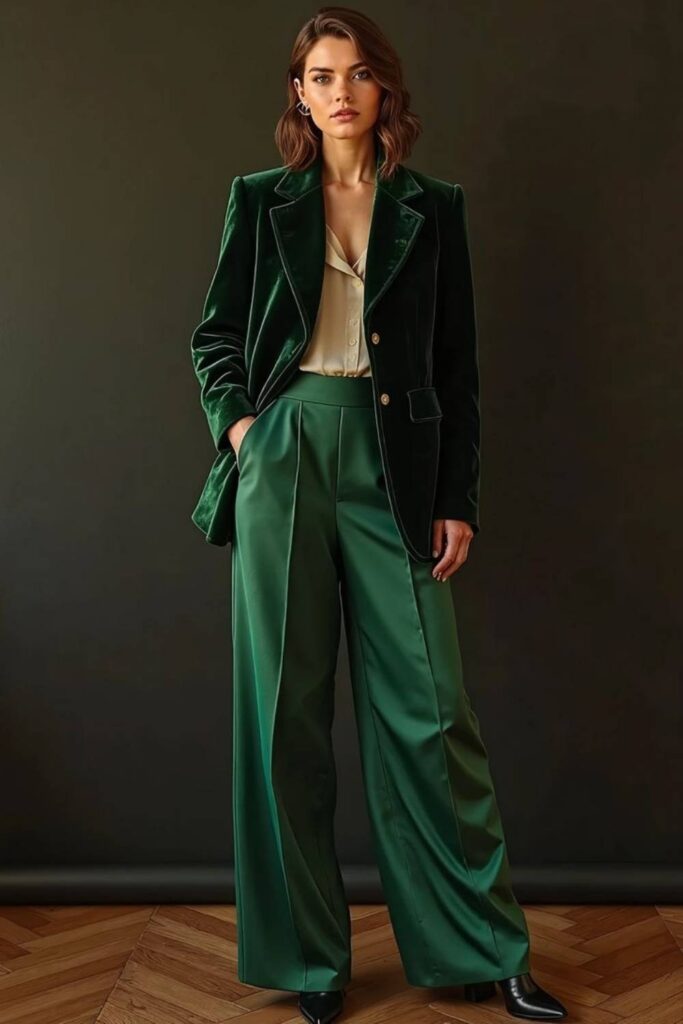 Green Velvet Trousers with a Black Bodysuit