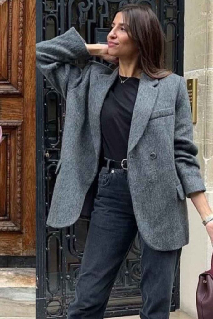 33 Stunning Office Outfits Women That Work From Desk to Dinner 13 Grey Marl Relaxed Blazer with Dark Wash Flare Jeans and a Black Bodysuit