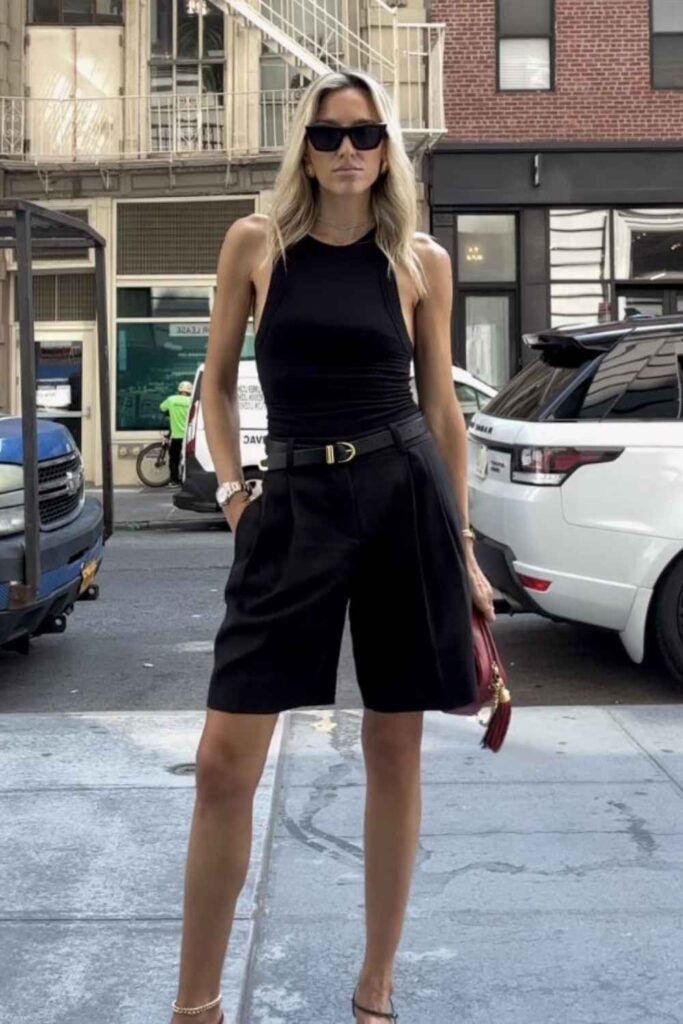 High-Neck Black Bodysuit with Tailored Bermuda Shorts