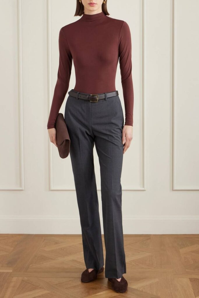 High-Neck Bodysuit with Relaxed Wide-Leg Trousers