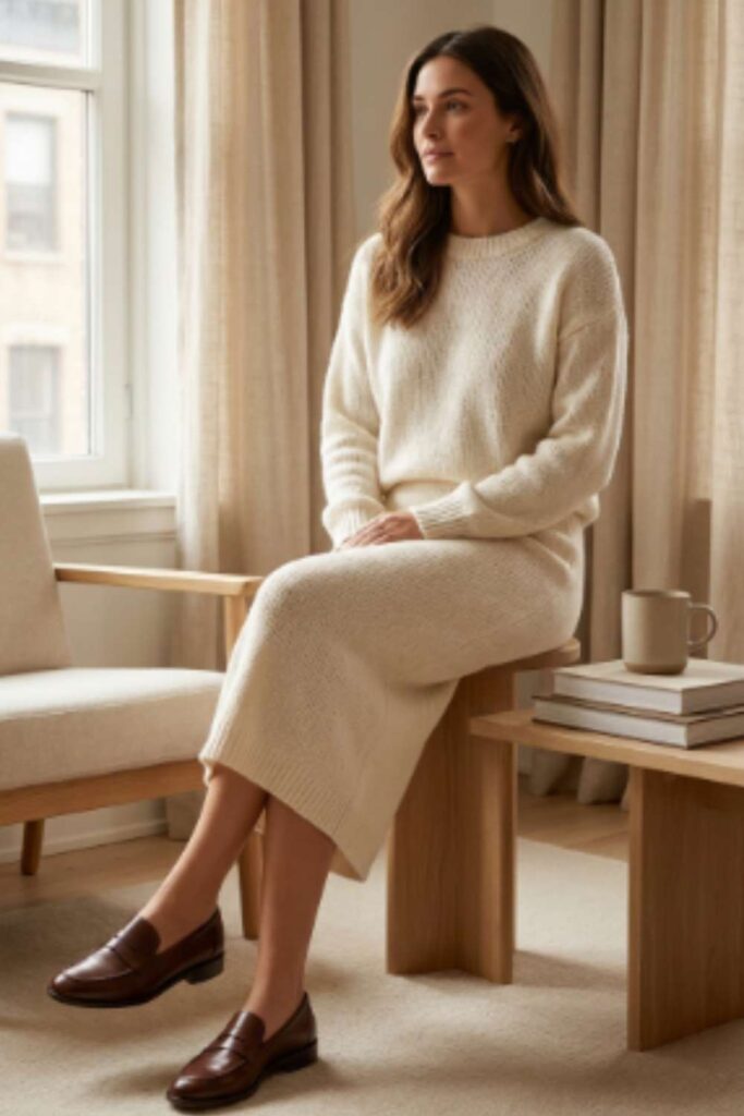 Ivory Knit Set with Chocolate Loafers