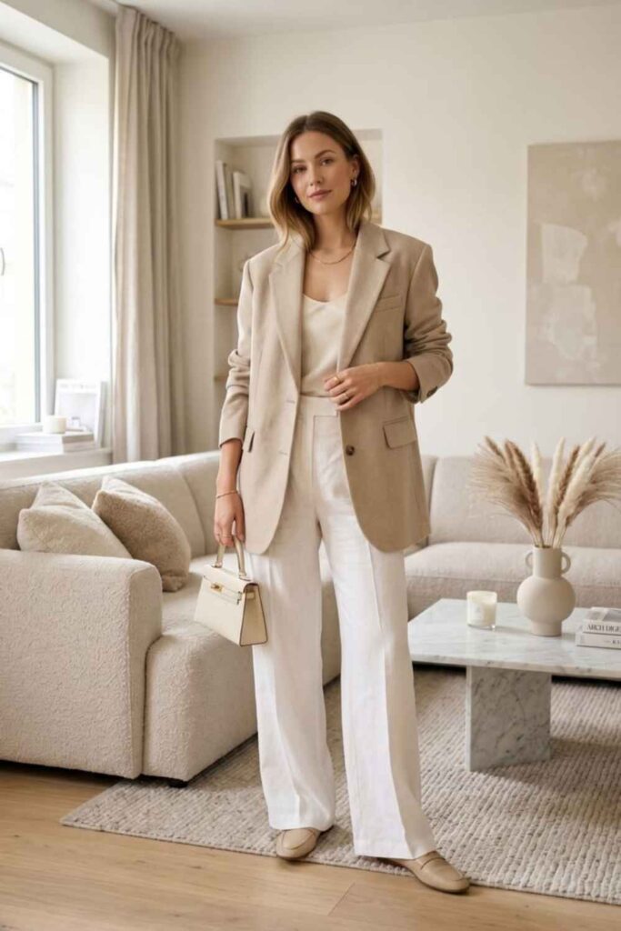 34 best Work Office Outfits That Actually Make Getting Dressed in the Morning Worth It 2 Ivory Slim Trousers with an Oversized Camel Blazer