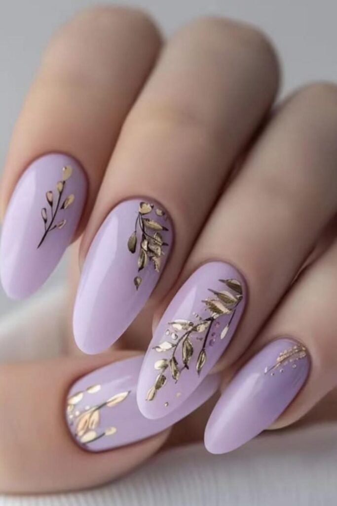 43 Blooming Gel Nail Art Ideas That Look Like They Took Hours (But Didn't) 4 Lavender and Lilac Double Bloom with Gold Specks