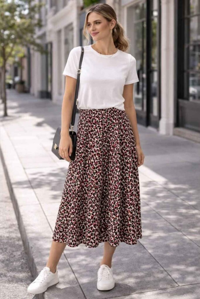 83 Curvy Girl Outfits That Look Effortlessly Chic (2026 Edit) 10 Leopard Print Midi Wrap Skirt with a Plain White Fitted Tee