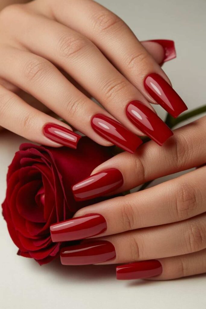 32 Red Acrylic Nail Designs That Always Look Like You Just Left the Salon 8 Lipstick Red Square Nails with a Glossy Candy Finish