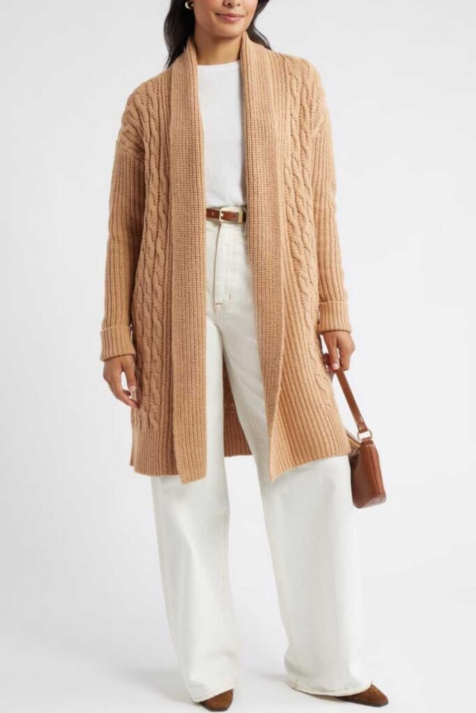 Longline Cardigan Over Slim-Fit Trousers