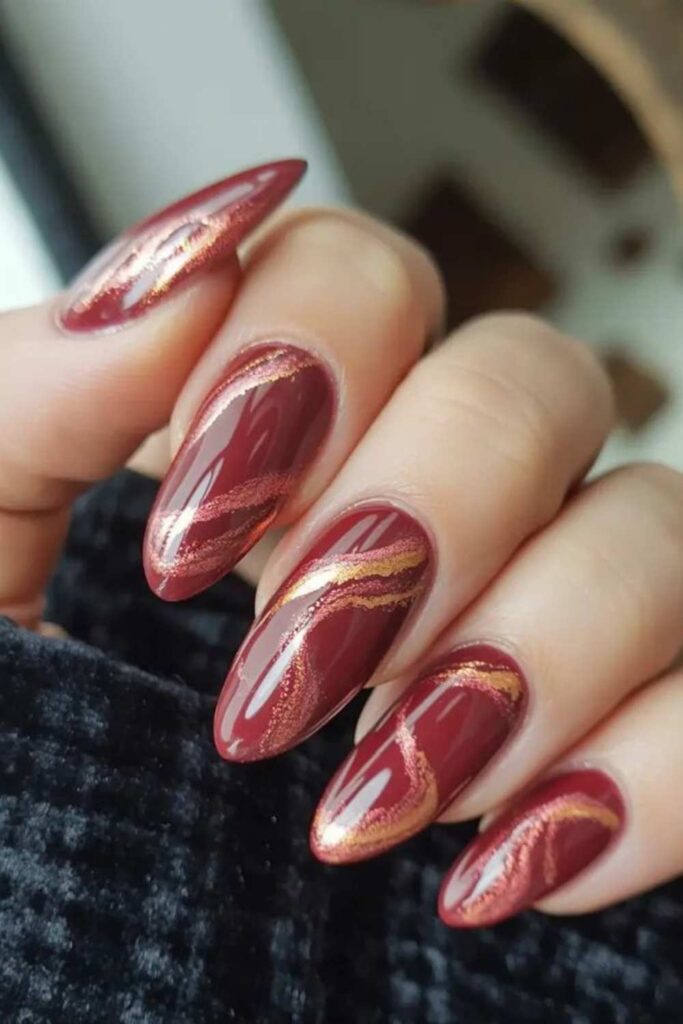 54 Cozy Fall Nails Aesthetic Ideas That Feel Like a Warm Latte in Your Hands 13 Maple Red-Orange with Abstract White Swirl