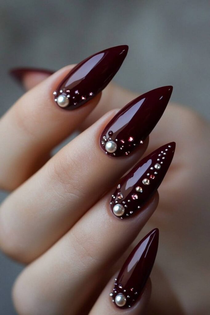 Merlot Nails with Tiny Pearl Details