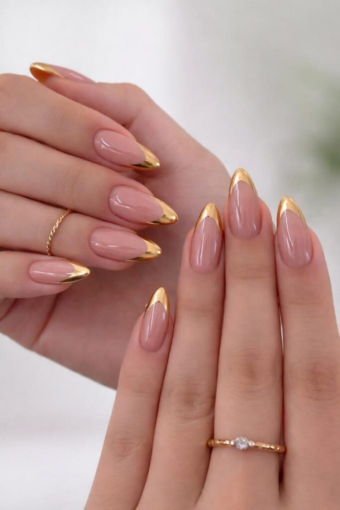 25 Square French Tip Acrylic Nails That Look Expensive Without Trying 14 Metallic Gold Tips on a Warm Nude Base
