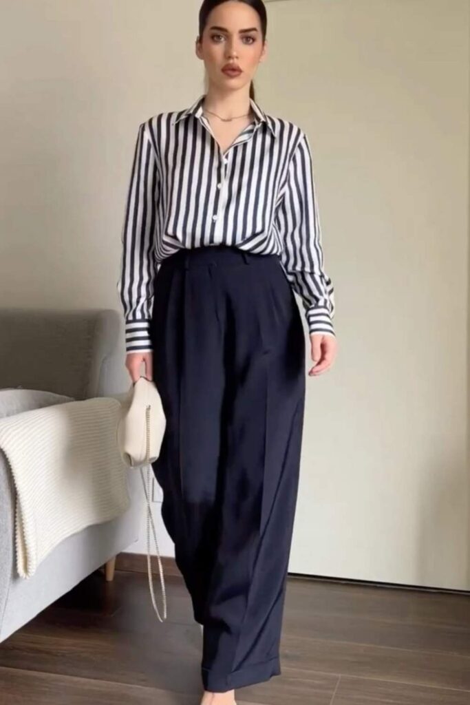 27 Color Matching Outfit Ideas That Look Effortlessly Put-Together in 2026 9 Midnight Navy and Off-White Striped Shirt with Navy Trousers