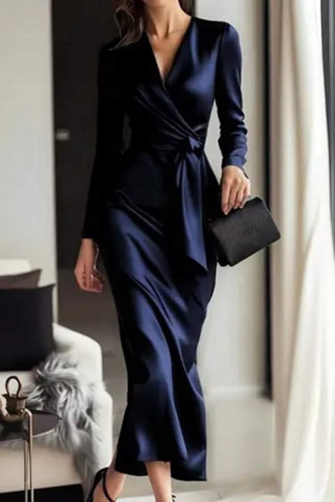Midnight Navy Wrap Dress in Fluid Crepe