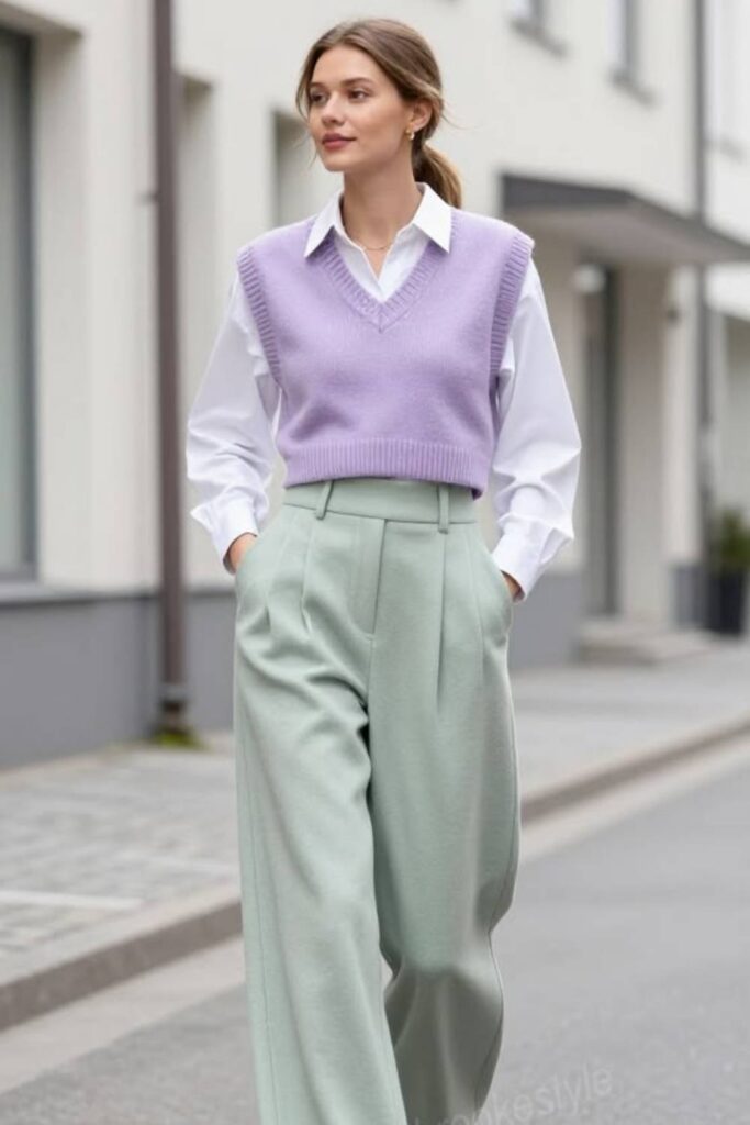 Mint Green Trousers with a Pastel Lilac Knit Top