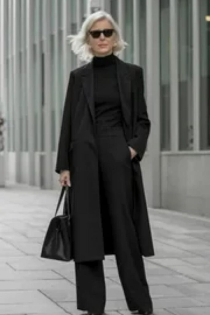 33 Stunning Office Outfits Women That Work From Desk to Dinner 18 Monochrome All-Black Outfit with One Textured Statement Piece