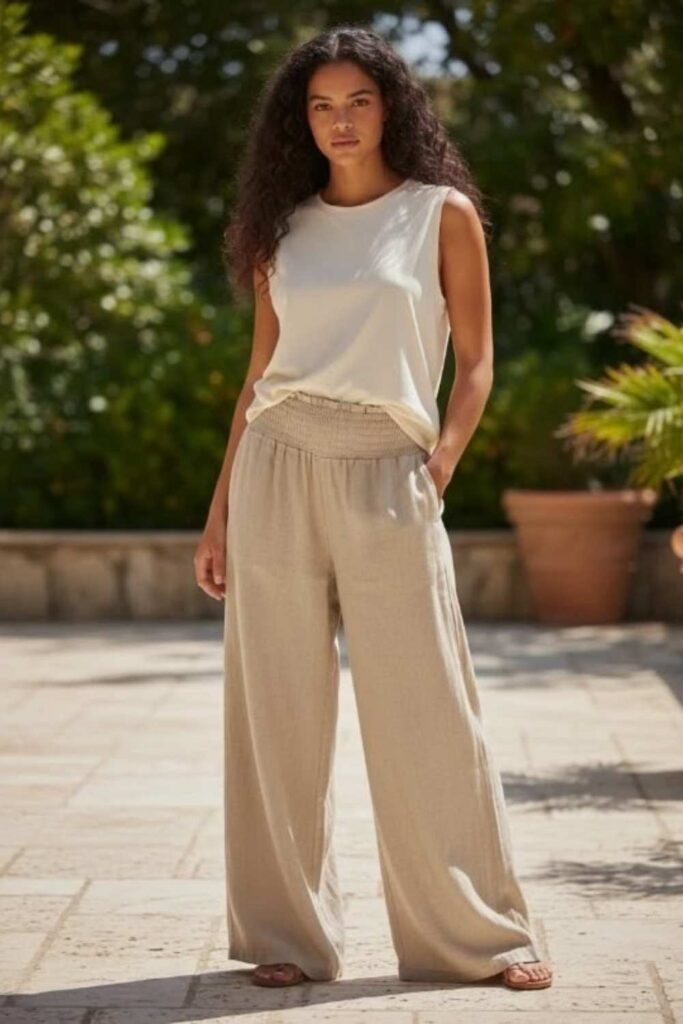 Monochrome Beige Look: Oversized Tee, Wide-Leg Trousers, Minimal Sandal