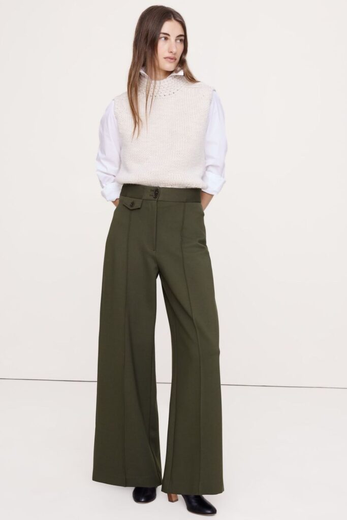 Mossy Green Wide-Leg Pants with a Brown Leather Belt and Cream Blouse