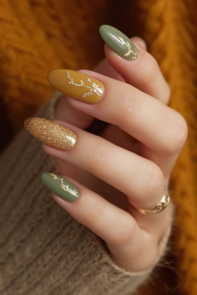 43 Blooming Gel Nail Art Ideas That Look Like They Took Hours (But Didn't) 17 Mustard and Olive Ink Drop Bloom Unexpected Color Combo