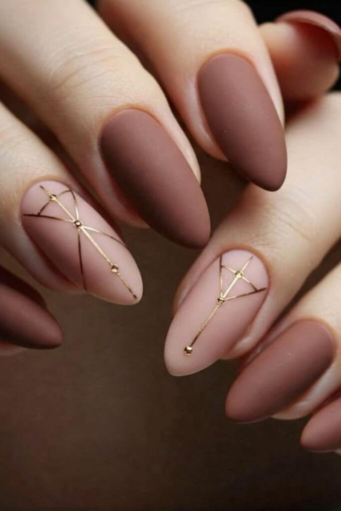 54 Cozy Fall Nails Aesthetic Ideas That Feel Like a Warm Latte in Your Hands 11 Muted Peach with Brown Line Art