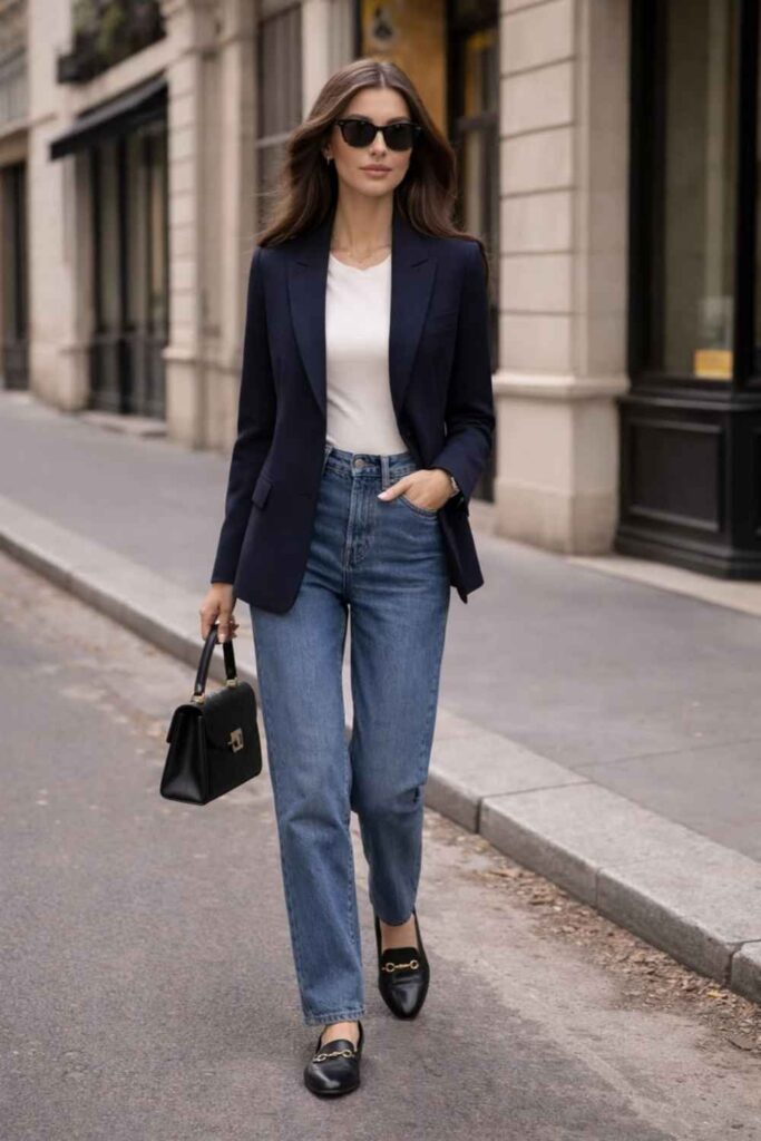 27 Casual Everyday Outfits That Always Look Effortlessly Put-Together 9 Navy Blazer Over a Fitted White Tee with Straight-Leg Jeans