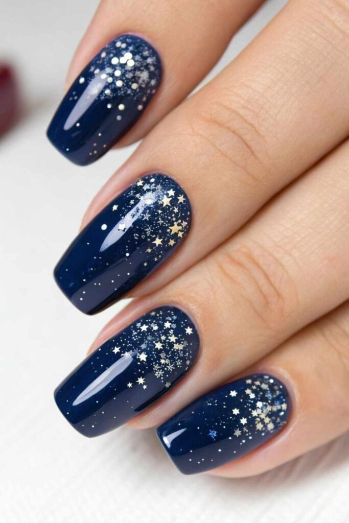 39 Quick Nail Designs Easy Enough to Do at Home (That Actually Look Salon-Done) 10 Navy Blue with Tiny Star Stamps