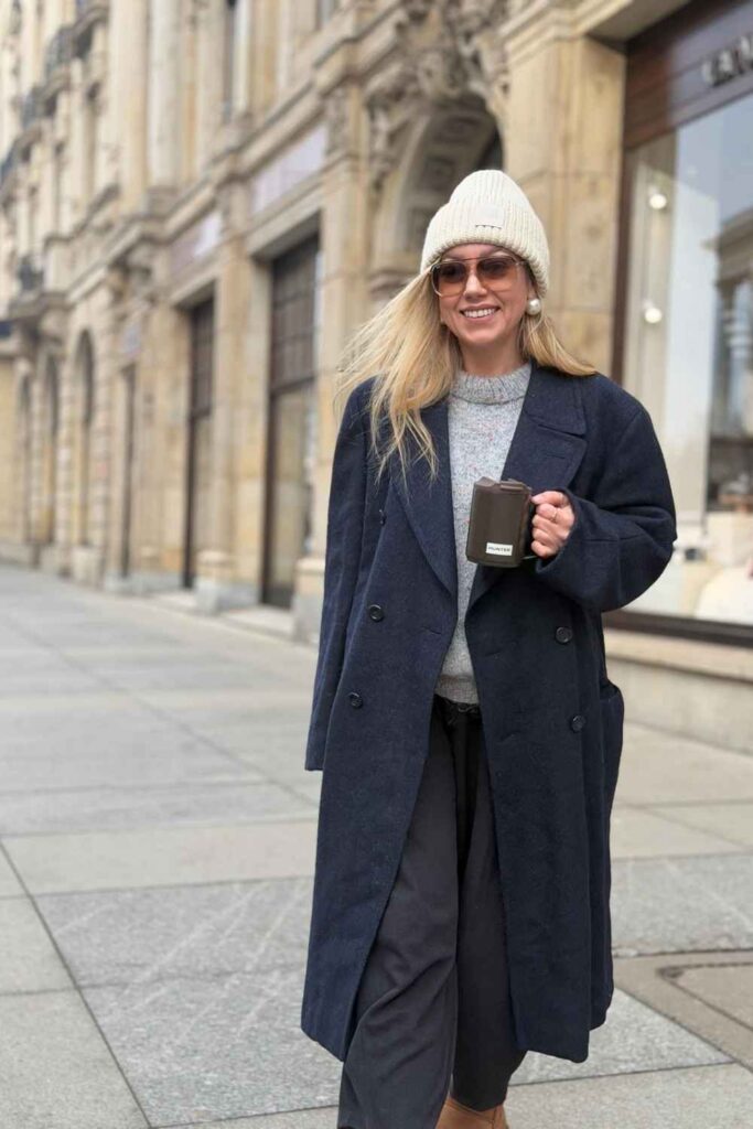 Navy Blue Wool Coat with Wide-Leg Trousers and White Chunky Sneakers