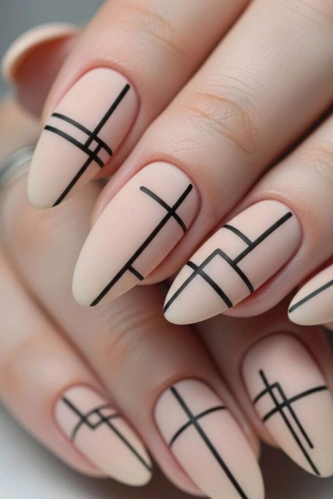 25 Square French Tip Acrylic Nails That Look Expensive Without Trying 6 Nude Base with Geometric Double-Tip Design
