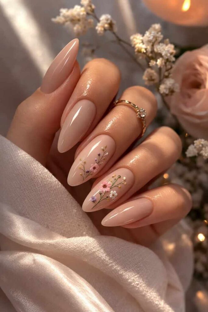 54 Cozy Fall Nails Aesthetic Ideas That Feel Like a Warm Latte in Your Hands 14 Nude Beige with Dried Flower Embed