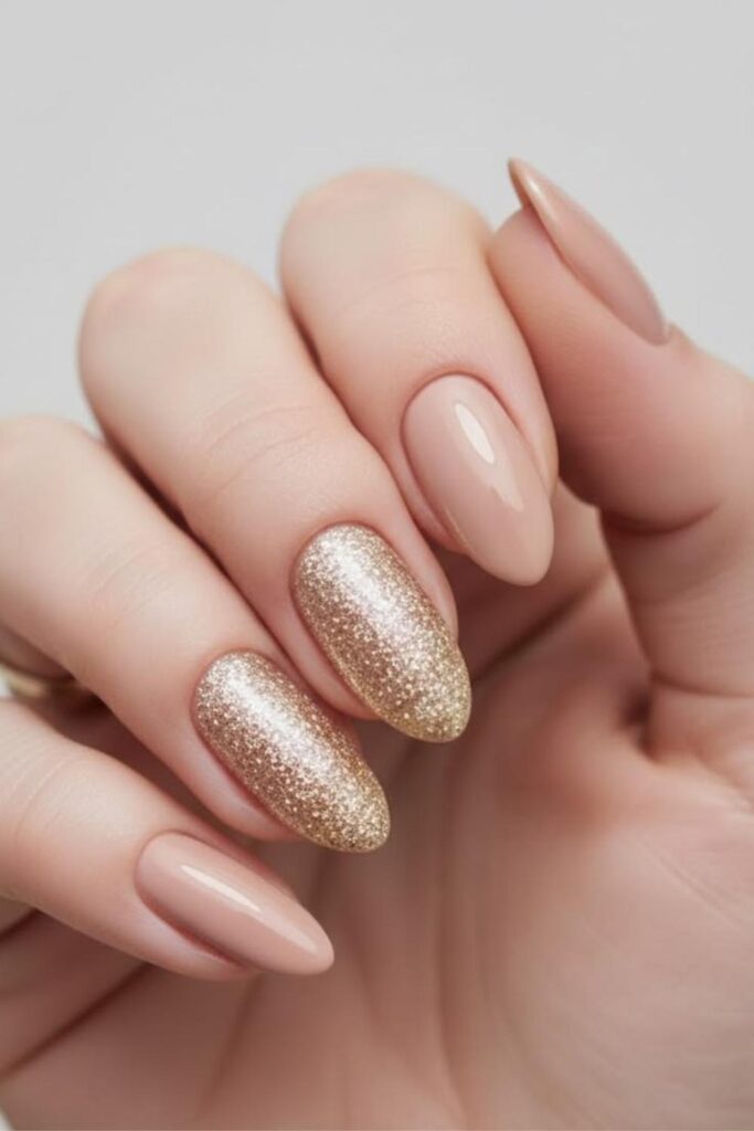 Nude Nails with One Accent Nail in Soft Gold