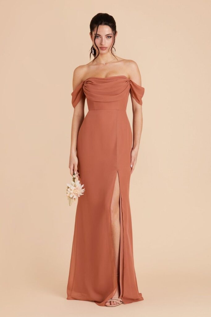 19 Best Birthday Outfit Ideas That Feel Like You, But Make-An-Entrance 6 Off-Shoulder Ruched Dress in Terracotta or Rust