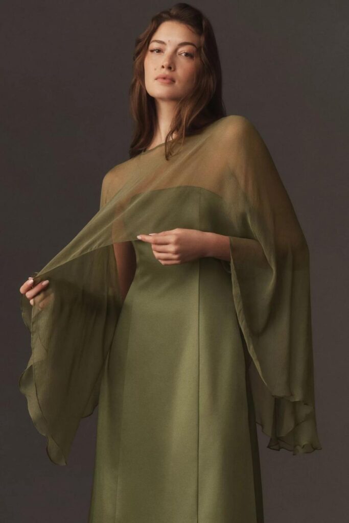 Olive Green Satin Midi Slip with a Sheer Kimono Overlay