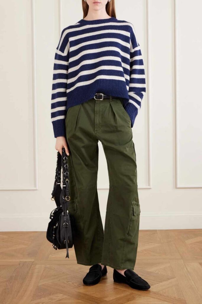 Olive Green Straight-Leg Pants with a Striped Navy and White Sweater