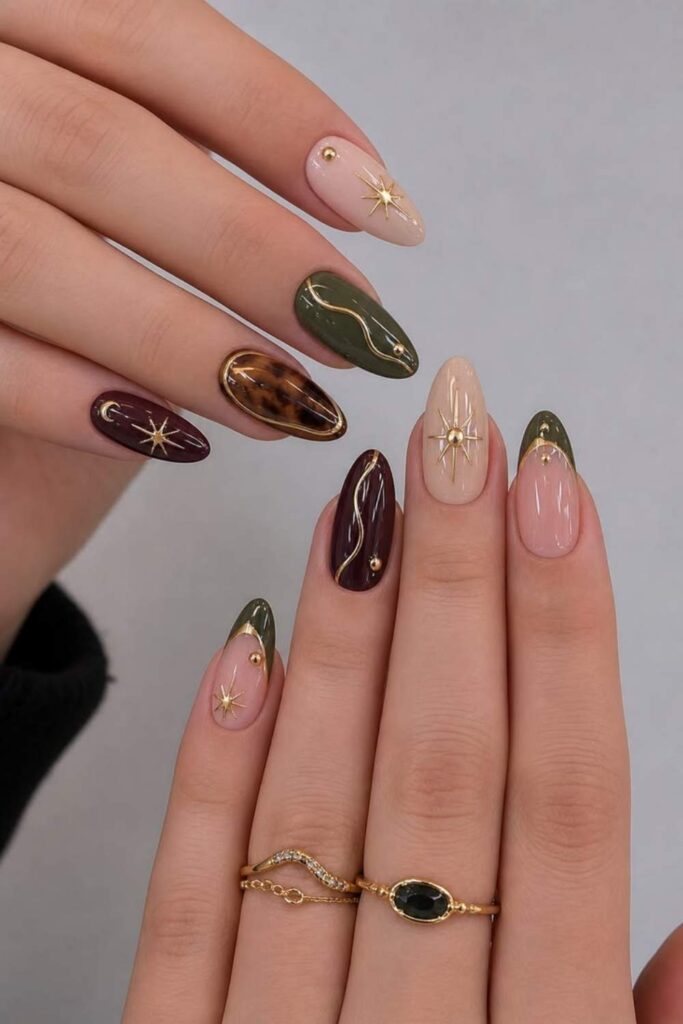 54 Cozy Fall Nails Aesthetic Ideas That Feel Like a Warm Latte in Your Hands 9 Olive Green with Tortoiseshell Accent Nail