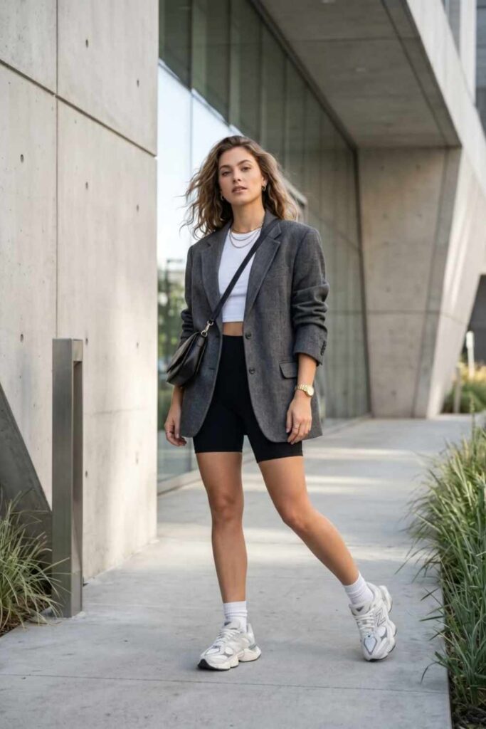 35 Budget Fashion Affordable Outfits That Look Anything But Cheap in 2026 3 Oversized Blazer, Biker Shorts, and Chunky Sneakers