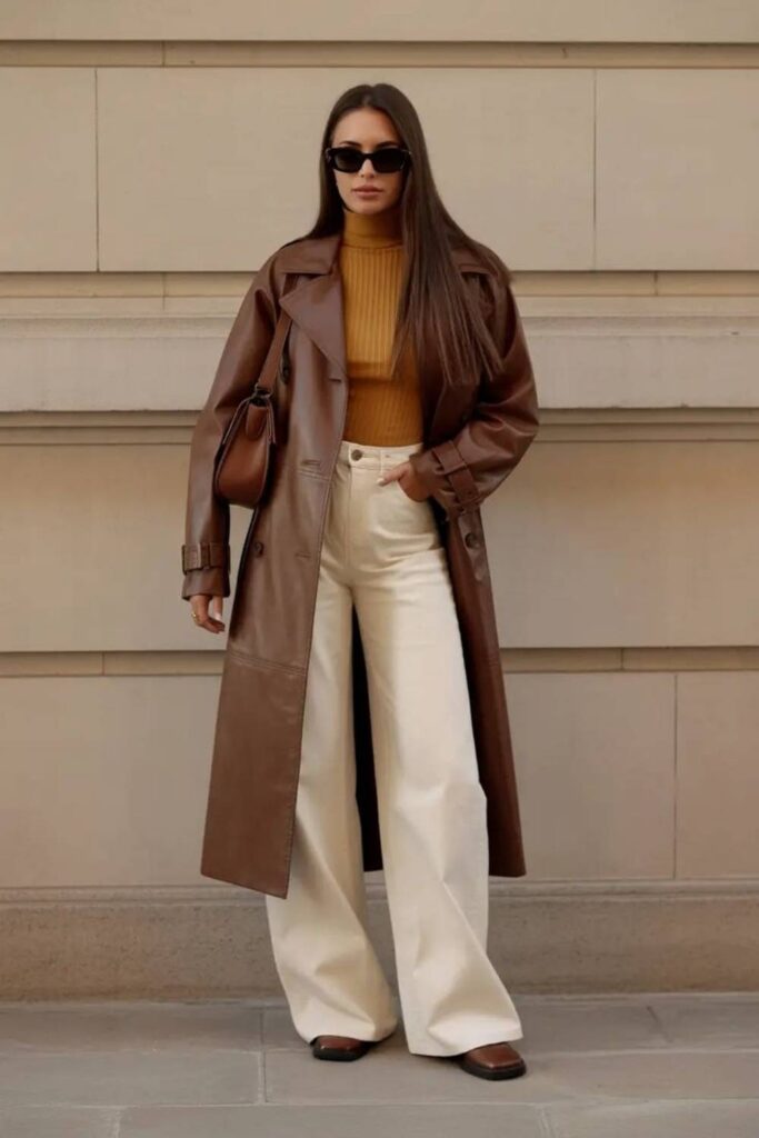 Oversized Brown Leather Jacket with a Cozy Cream Turtleneck and Wide-Leg Trousers
